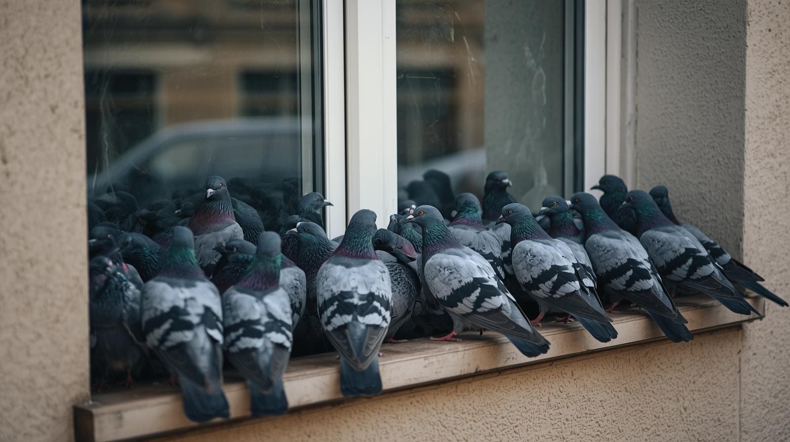 Plusieurs pigeons sur un balcon d'une maison