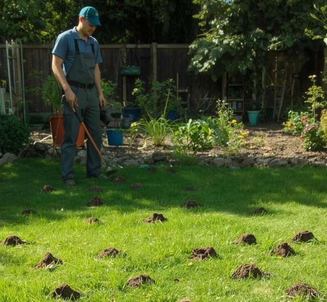 Jardin ou pelouse avec taupinières _ monticules de terre avec un pro qui intervient (1)